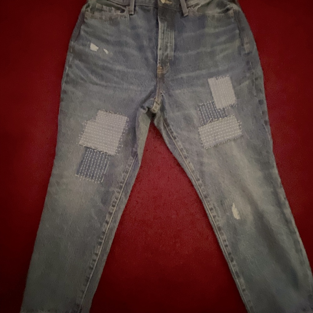 Extra High-Waisted Button-Fly O.G. Straight Patchwork Crop Jeans NWOT 14 Petite